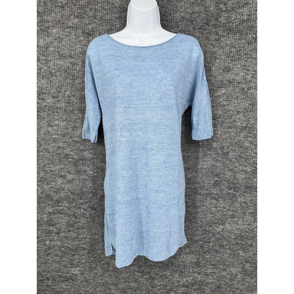 Eileen Fisher Sweater Tunic Small Blue Linen Boat Neck Short Sleeve Knit